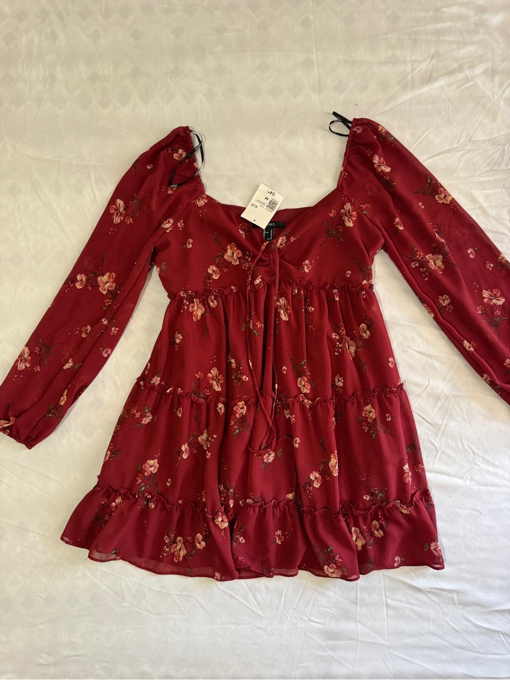Forever 21 Burgundy Floral Mini Dress with Long Sleeves